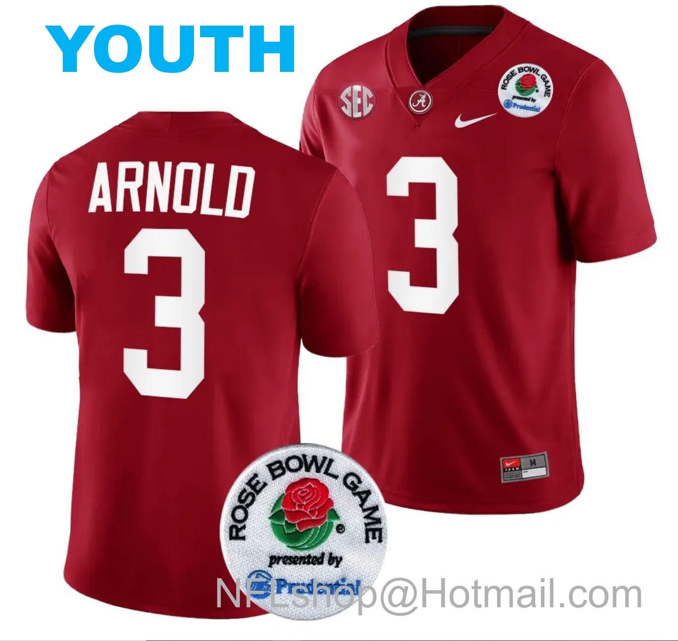 Nike Youth Terrion Arnold Jersey #3 Alabama Crimson Tide Rose Bowl Game 2024 Patch College Football Playoff Crimson