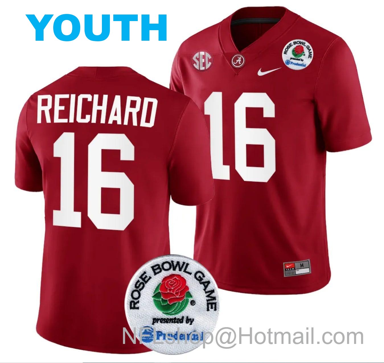 Nike Youth Will Reichard Jersey #16 Alabama Crimson Tide Rose Bowl Game 2024 Patch College Football Playoff Crimson