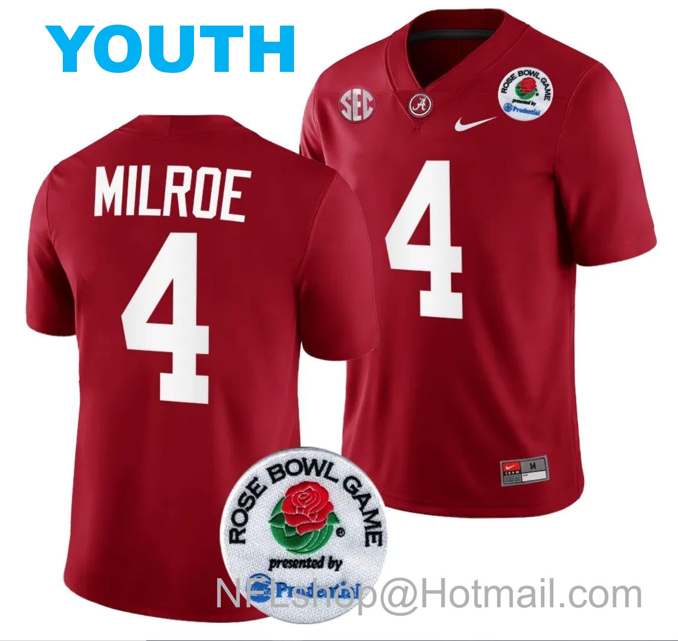 Nike Youth Jalen Milroe Jersey #4 Alabama Crimson Tide Rose Bowl Game 2024 Patch College Football Playoff Crimson