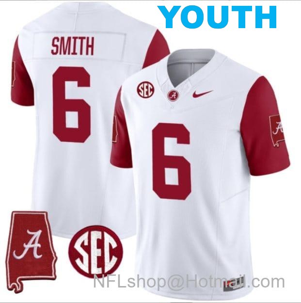 Nike Youth DeVonta Smith Jersey #6 Alabama Crimson Tide Vapor Stitched Football Alabama Map Crimson Sleeves