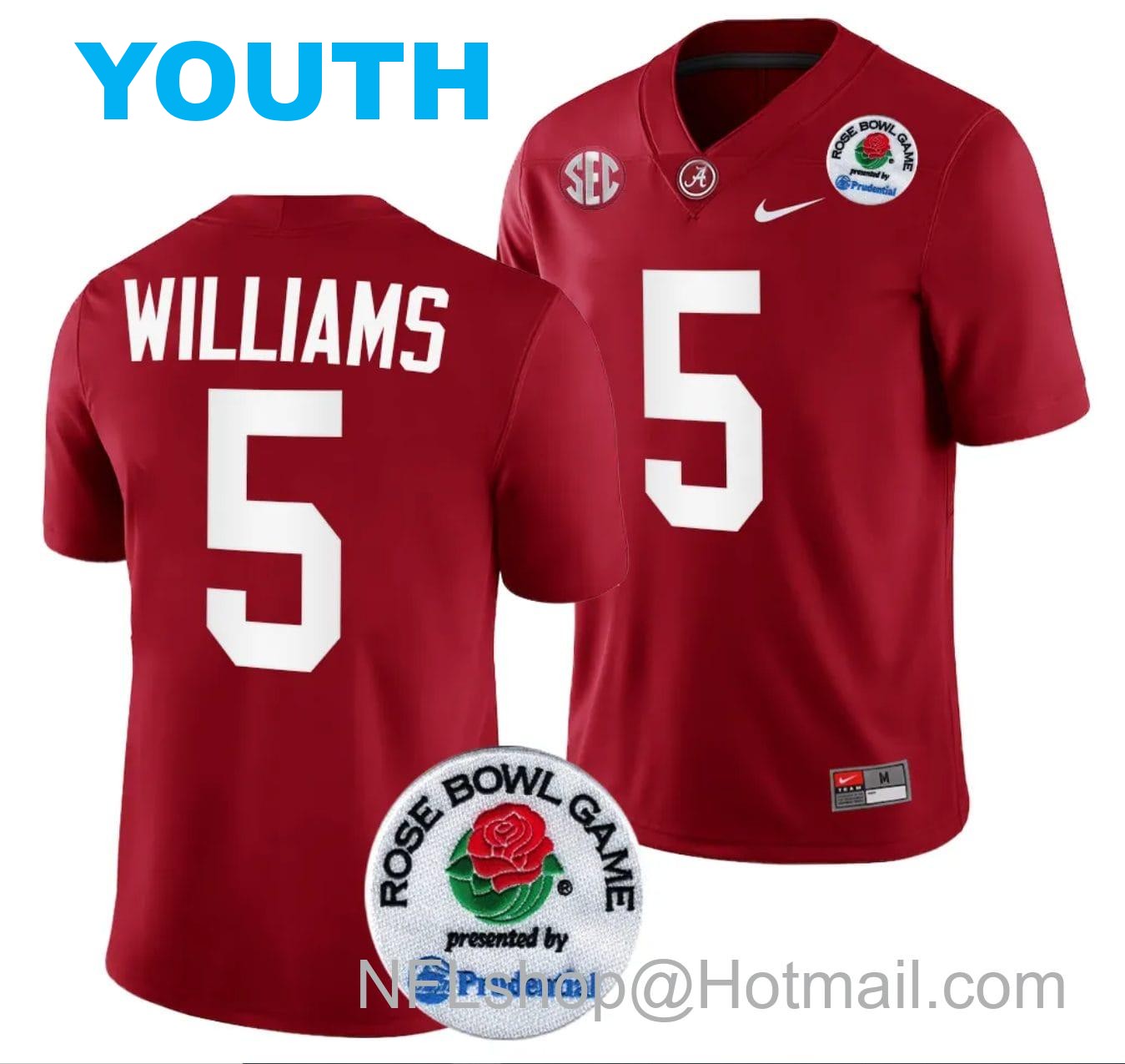 Nike Youth Roydell Williams Jersey #5 Alabama Crimson Tide Rose Bowl Game 2024 Patch College Football Playoff Crimson