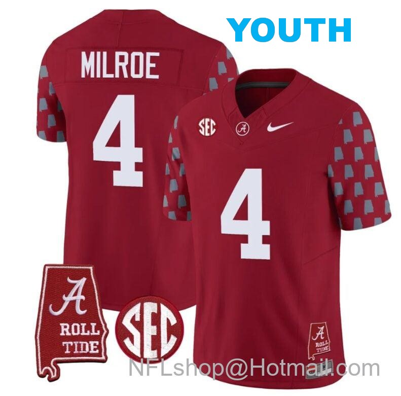 Nike Youth Jalen Milroe Jersey #4 Alabama Crimson Tide Vapor College Football Limited Stitched Crimson