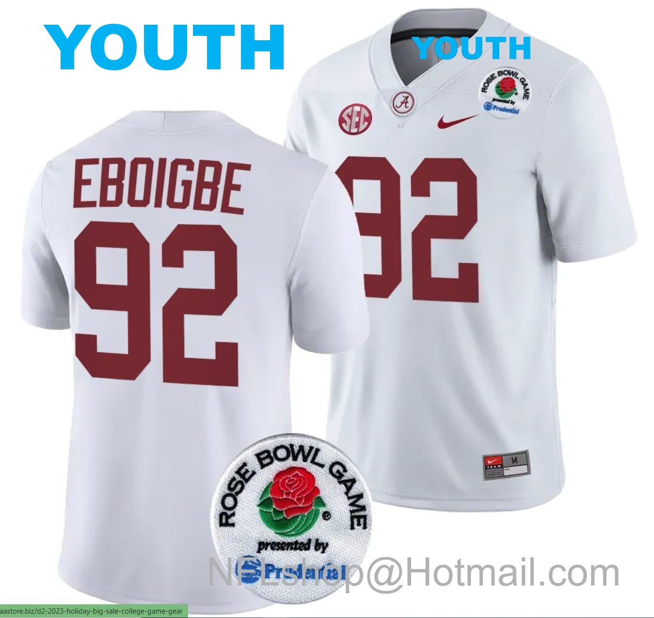 Nike Youth Justin Eboigbe Jersey #92 Alabama Crimson Tide Rose Bowl Game 2024 Patch College Football Playoff White