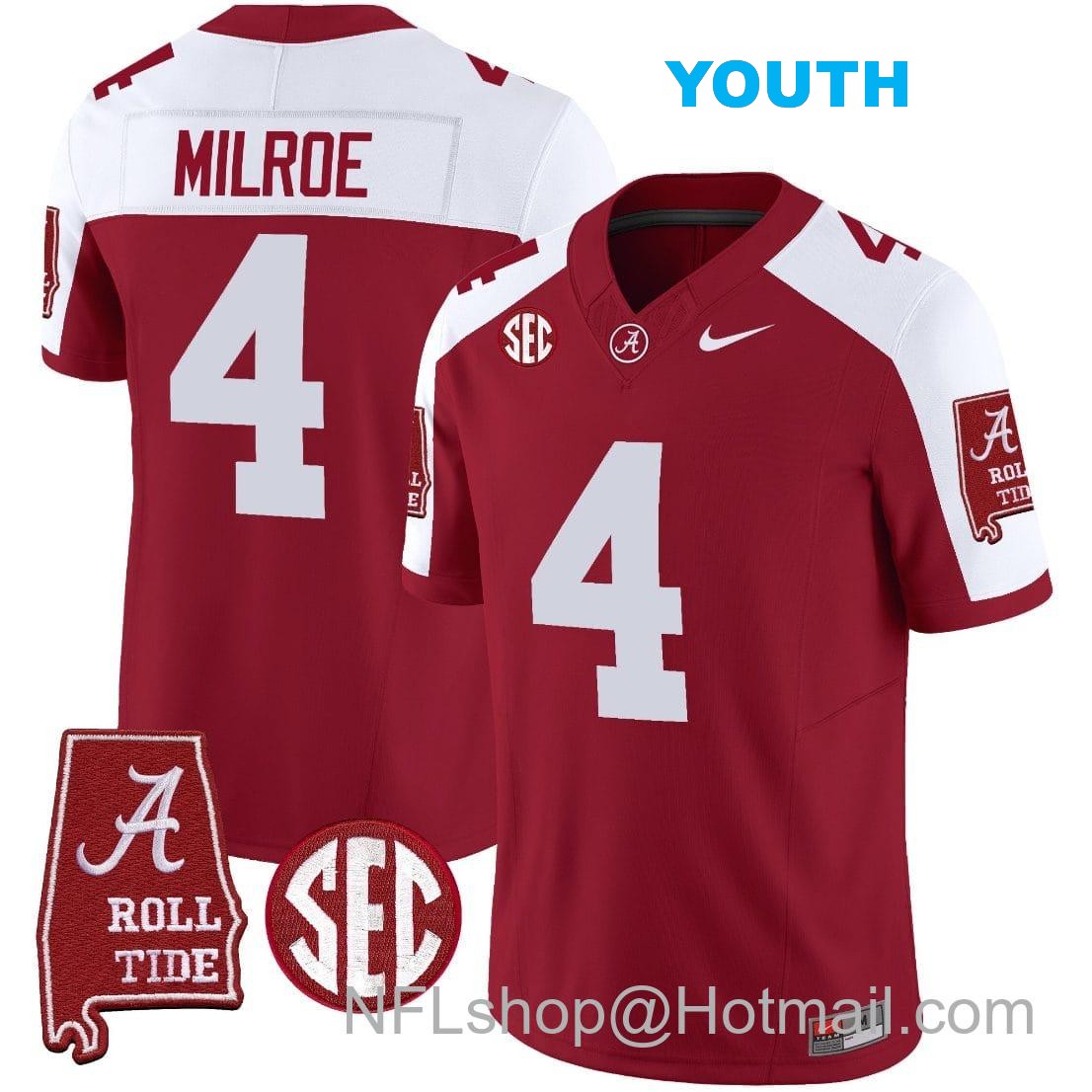 Nike Youth Jalen Milroe Jersey #4 Alabama Crimson Tide Vapor Limited Football Alabama Map Crimson Alternate