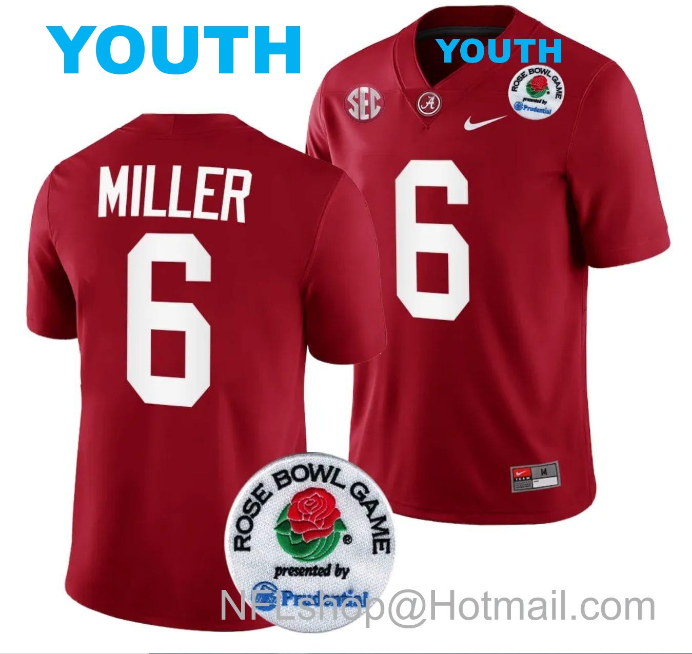 Nike Youth Jam Miller Jersey #6 Alabama Crimson Tide Rose Bowl Game 2024 Patch College Football Playoff Crimson