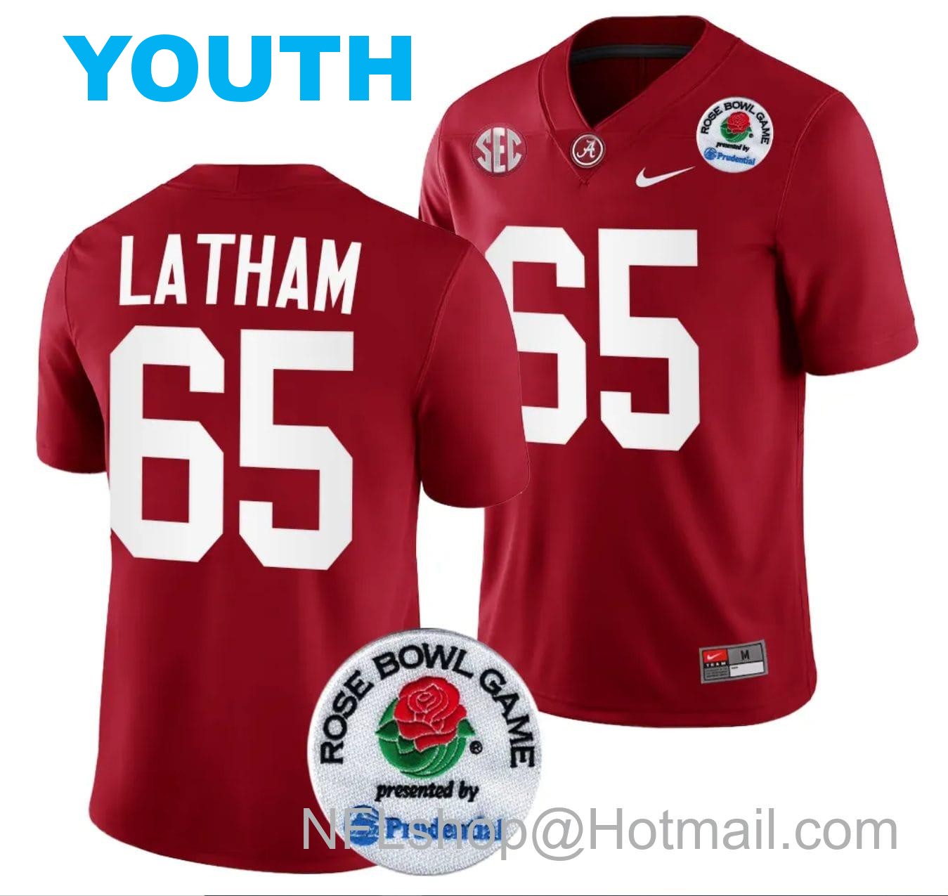 Nike Youth JC Latham Jersey #65 Alabama Crimson Tide Rose Bowl Game 2024 Patch College Football Playoff Crimson