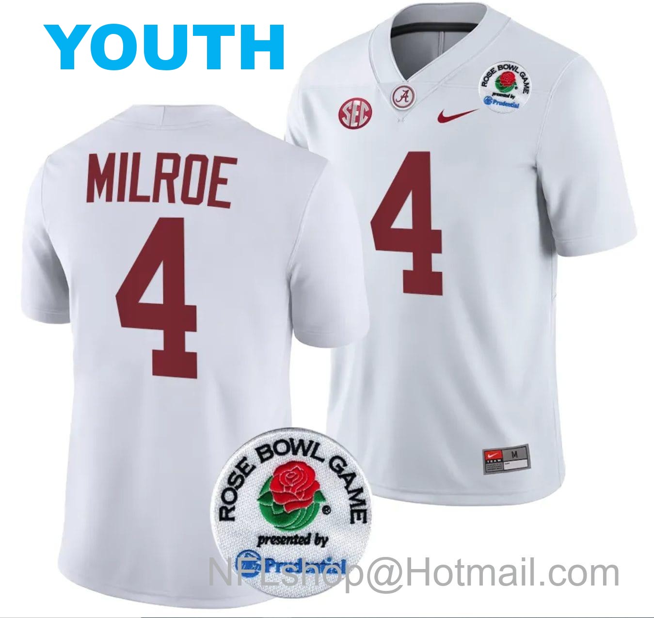 Nike Youth Jalen Milroe Jersey #4 Alabama Crimson Tide Rose Bowl Game 2024 Patch College Football Playoff White