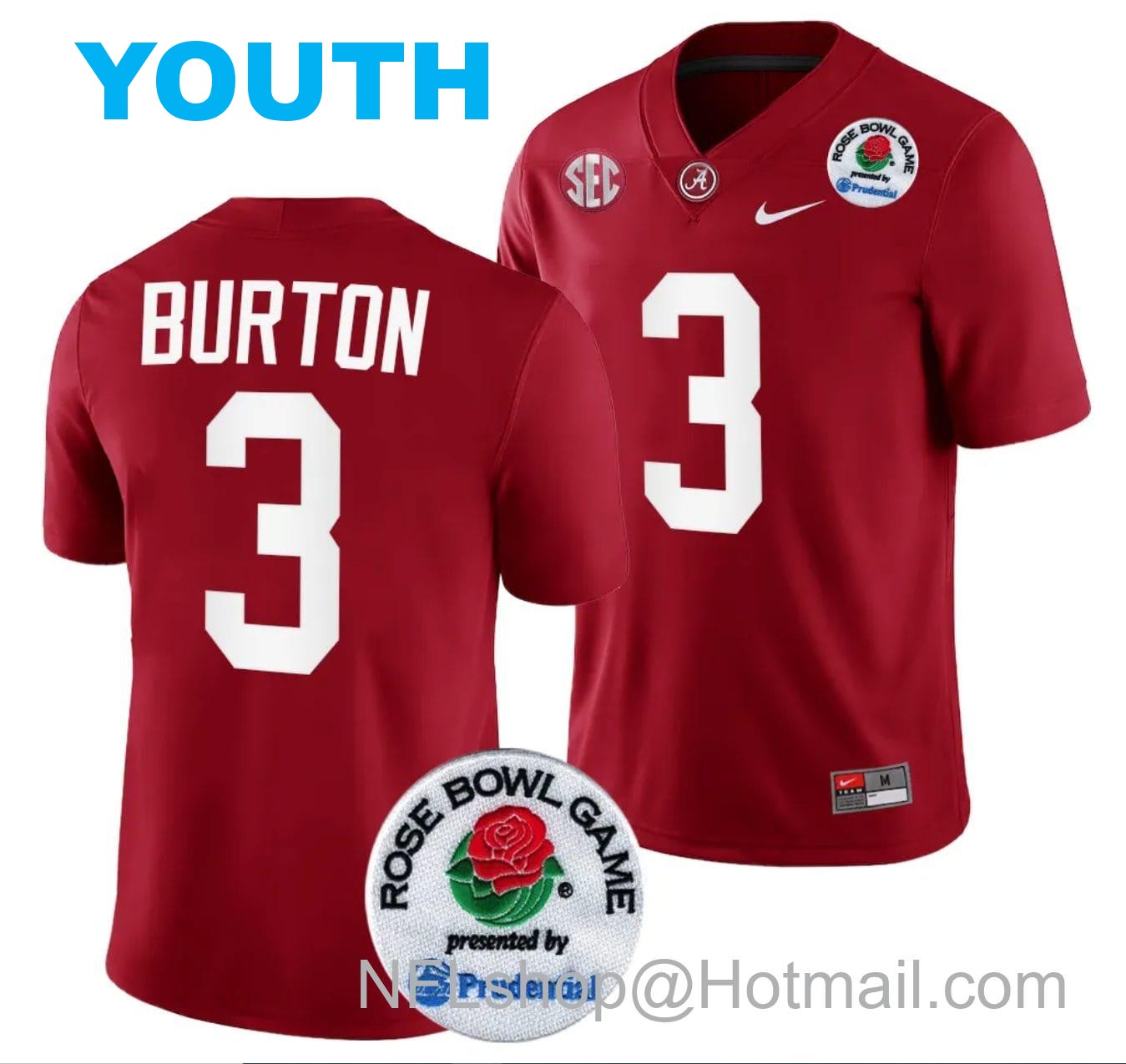 Nike Youth Jermaine Burton Jersey #3 Alabama Crimson Tide Rose Bowl Game 2024 Patch College Football Playoff Crimson