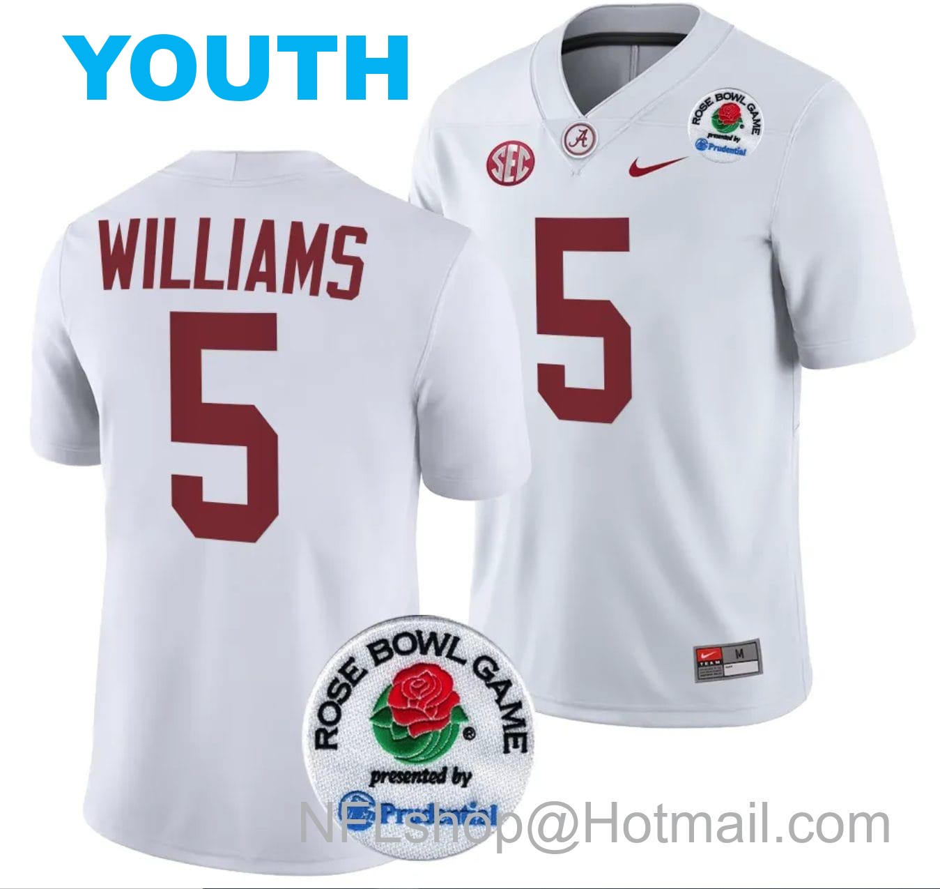 Nike Youth Roydell Williams Jersey #5 Alabama Crimson Tide Rose Bowl Game 2024 Patch College Football Playoff White