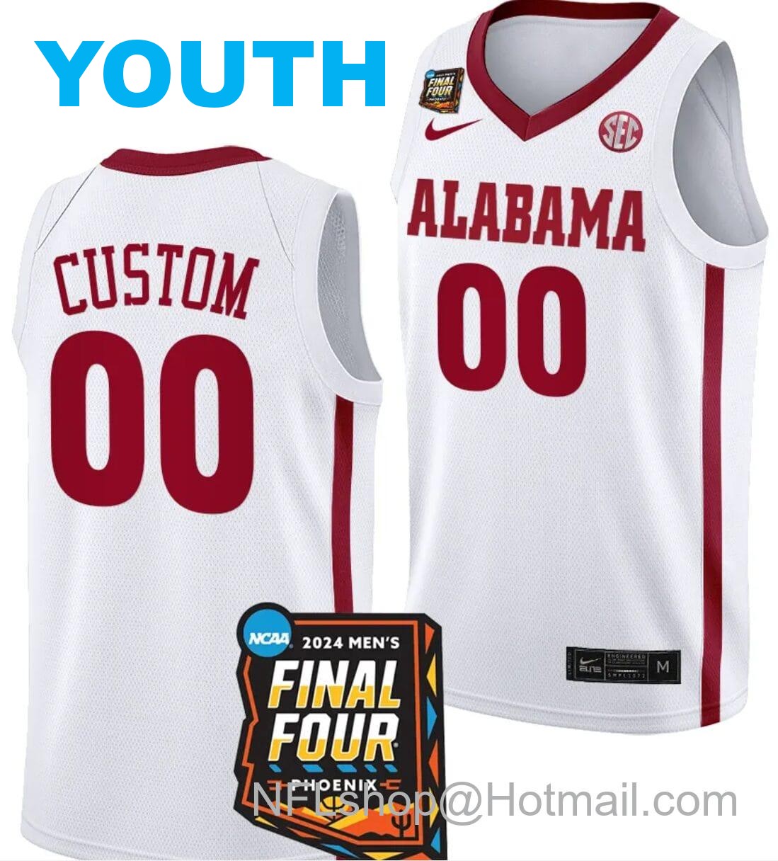 Nike Youth Custom Alabama Crimson Tide Jersey Name and Number 2024 NCAA March Madness Final Four Basketball White