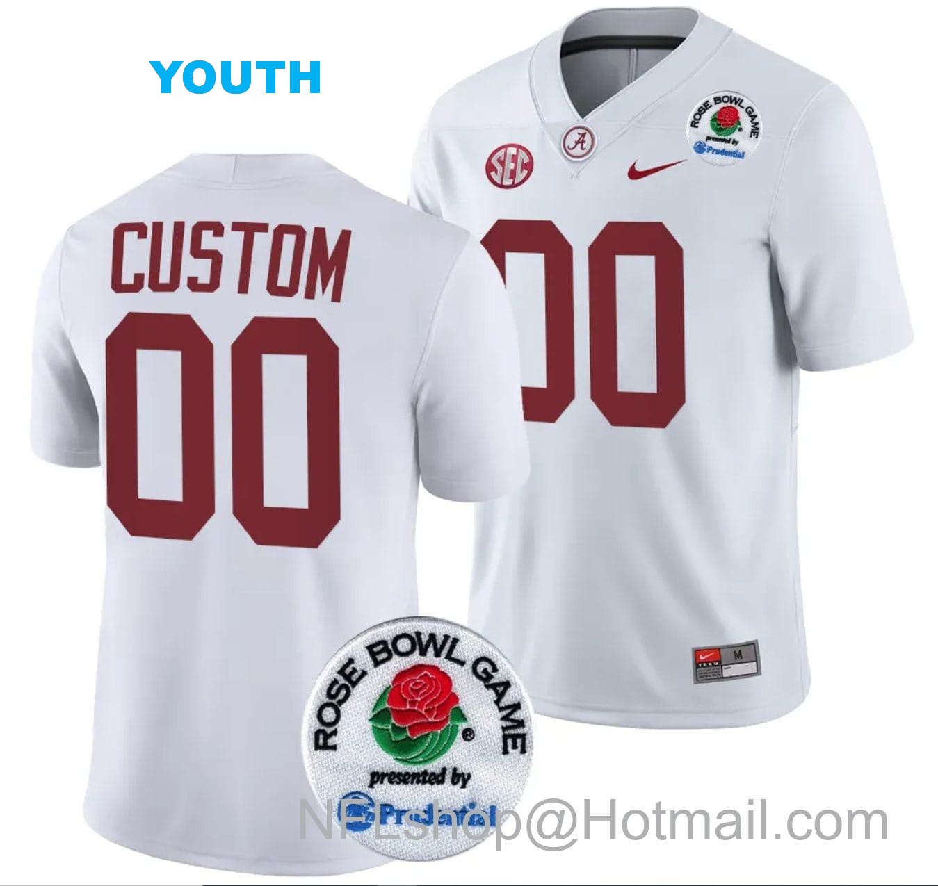 Nike Youth Custom Alabama Crimson Tide Jersey Name and Number Rose Bowl Game 2024 Patch College Football Playoff White