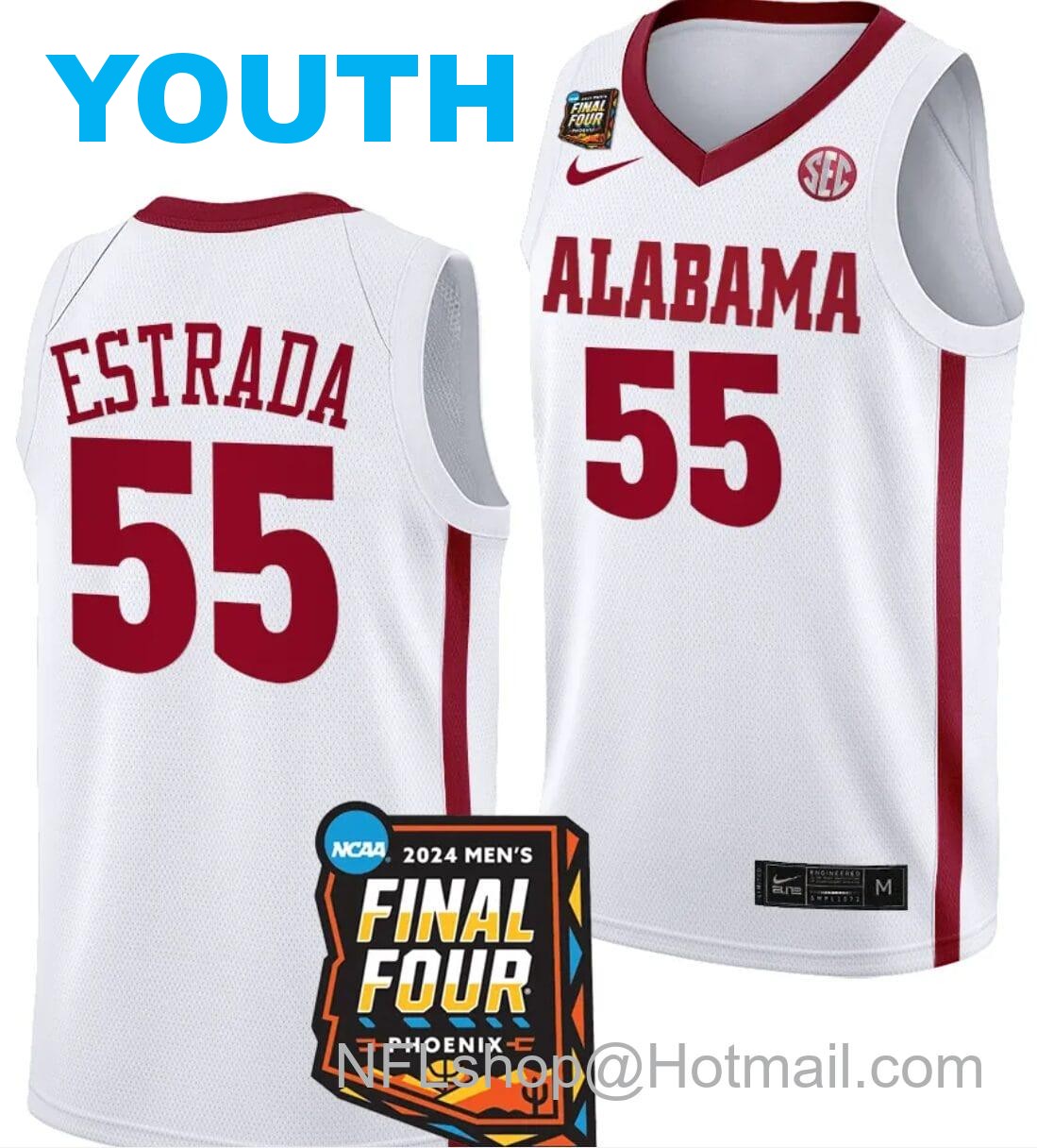 Nike Youth Aaron Estrada Jersey #55 Alabama Crimson Tide 2024 NCAA March Madness Final Four Basketball Crimson