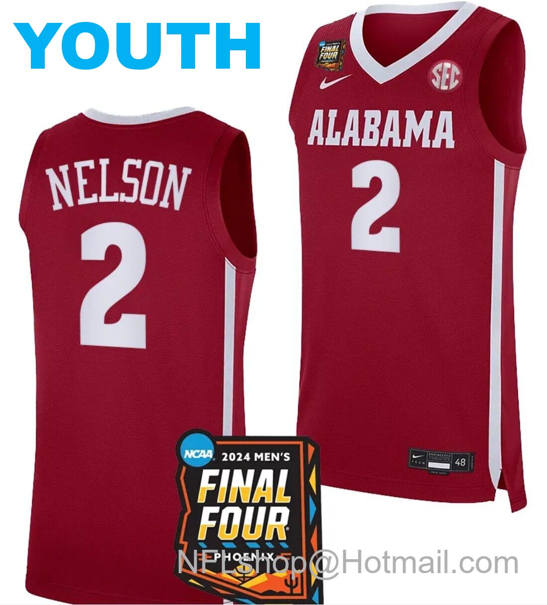 Nike Youth Grant Nelson Jersey #2 Alabama Crimson Tide 2024 NCAA March Madness Final Four Basketball Crimson