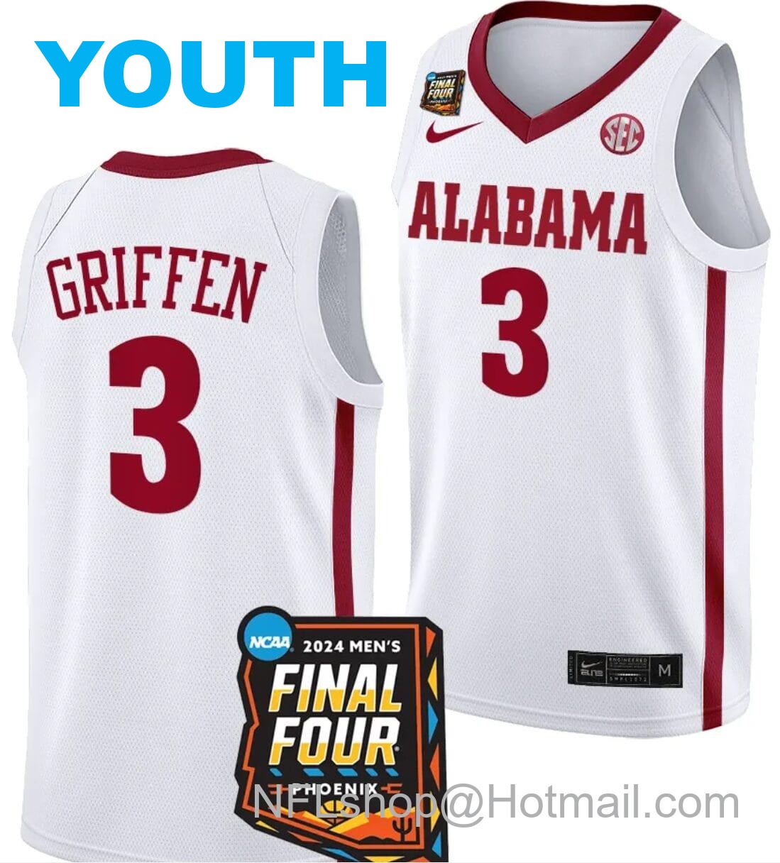 Nike Youth Rylan Griffen Jersey #3 Alabama Crimson Tide 2024 NCAA March Madness Final Four Basketball White