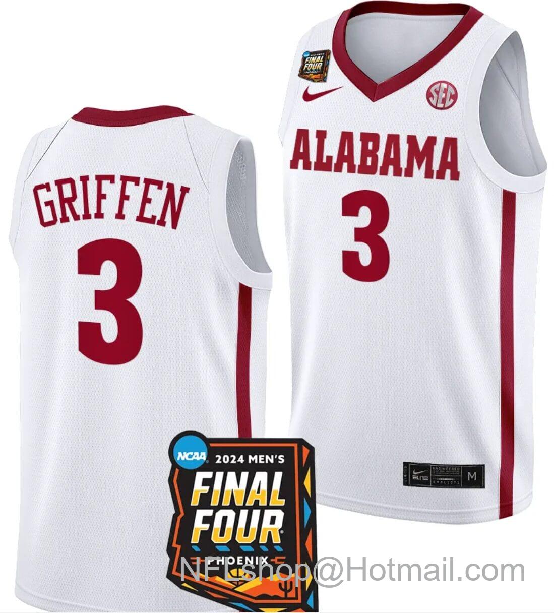 Men's Nike Rylan Griffen Jersey #3 Alabama Crimson Tide 2024 NCAA March Madness Final Four Basketball White