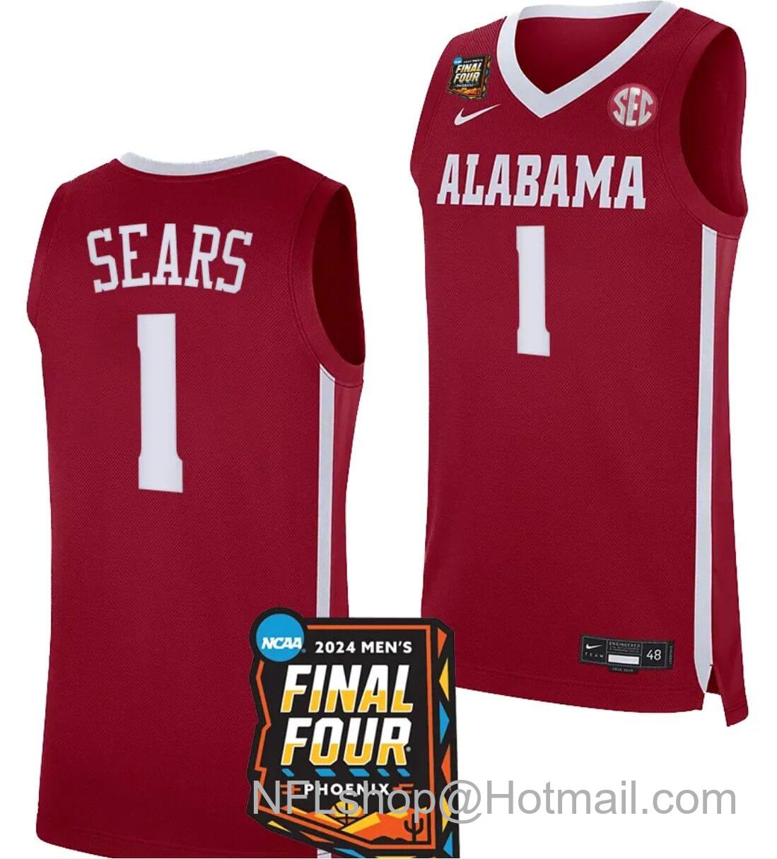 Men's Nike Mark Sears Jersey #1 Alabama Crimson Tide 2024 NCAA March Madness Final Four Basketball Crimson