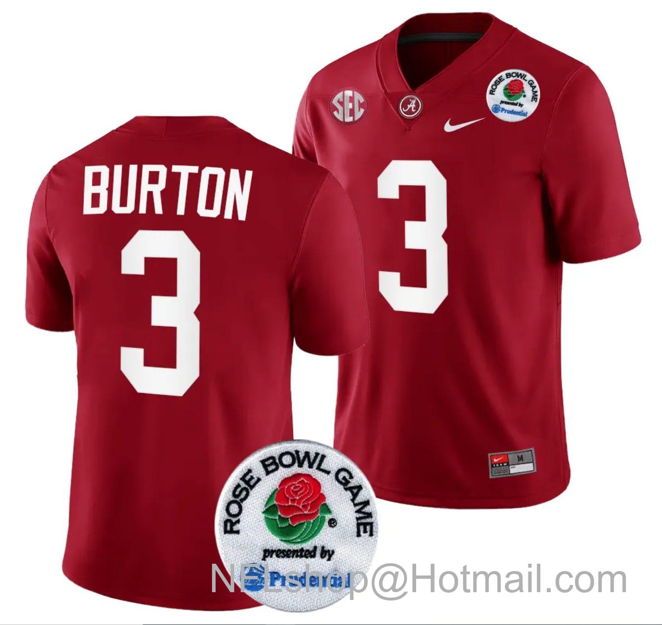 Men's Nike Jermaine Burton Jersey #3 Alabama Crimson Tide Rose Bowl Game 2024 Patch College Football Playoff Crimson