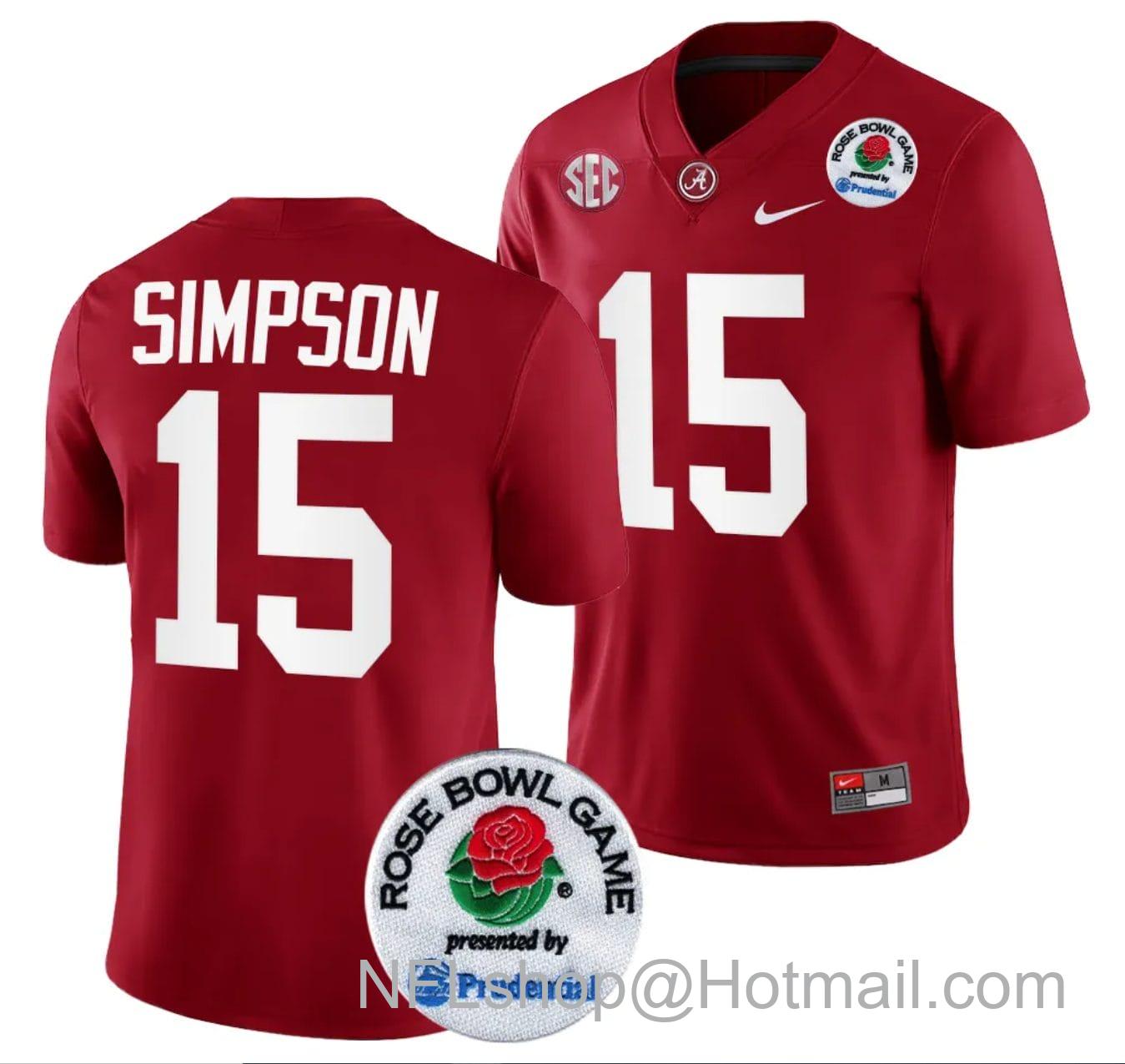 Men's Nike Ty Simpson Jersey #15 Alabama Crimson Tide Rose Bowl Game 2024 Patch College Football Playoff Crimson