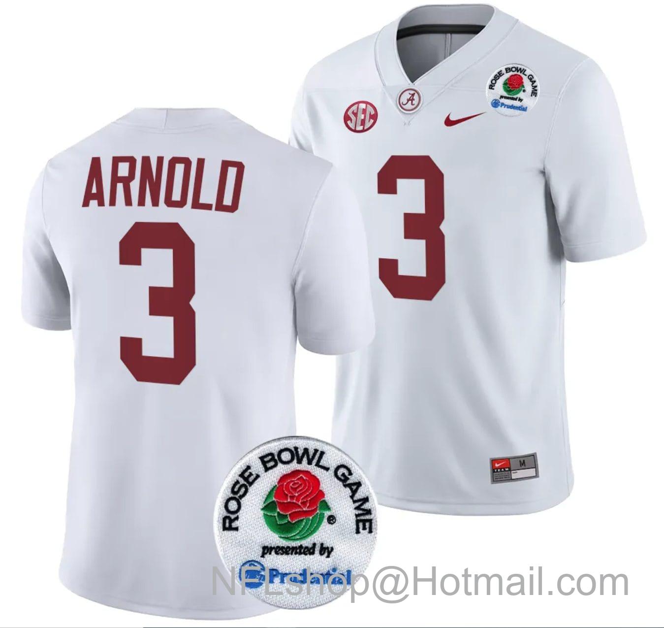 Men's Nike Terrion Arnold Jersey #3 Alabama Crimson Tide Rose Bowl Game 2024 Patch College Football Playoff White