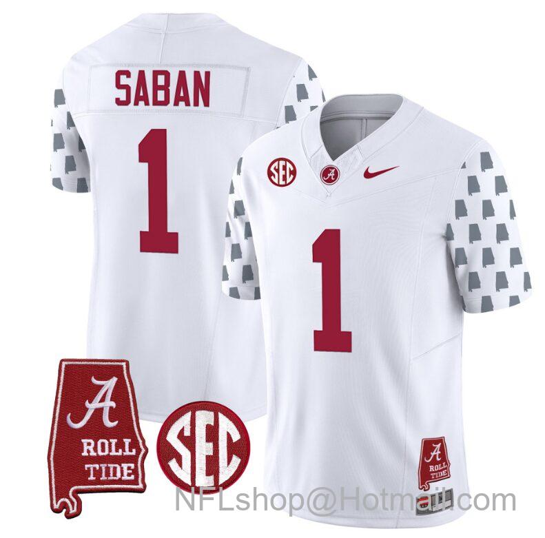 Men's Nike Nick Saban Jersey #1 Alabama Crimson Tide Vapor College Football Limited Stitched White