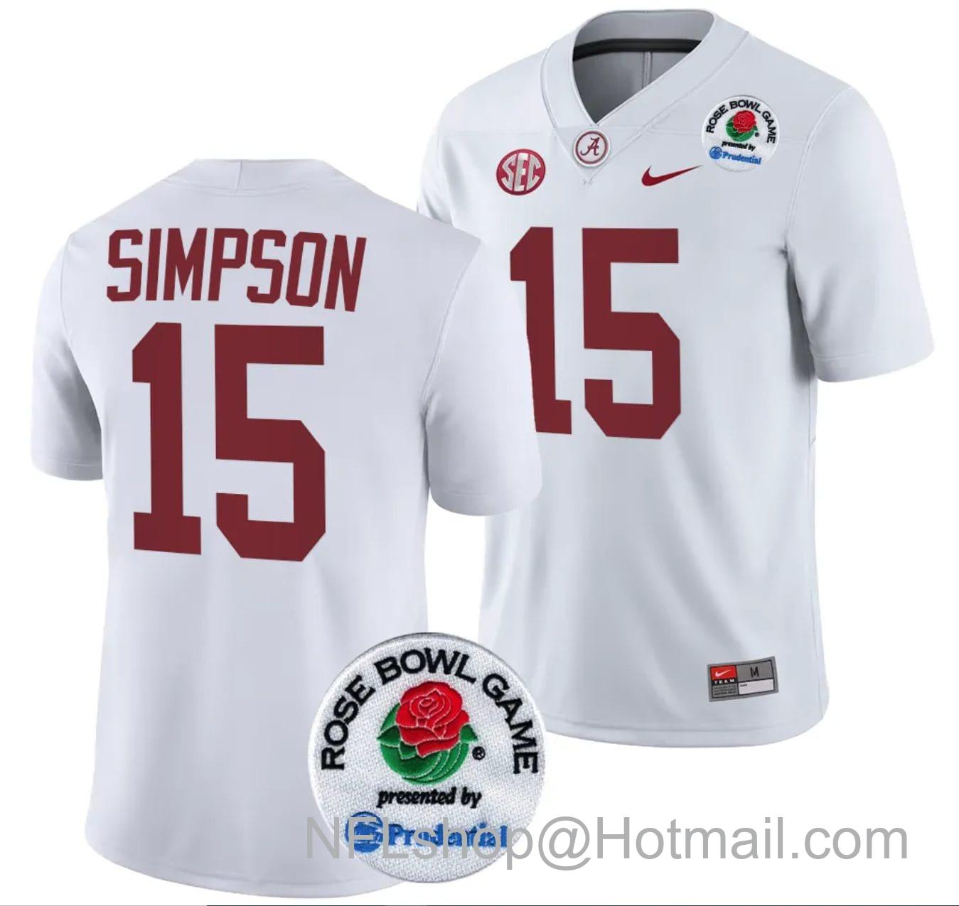 Men's Nike Ty Simpson Jersey #15 Alabama Crimson Tide Rose Bowl Game 2024 Patch College Football Playoff White