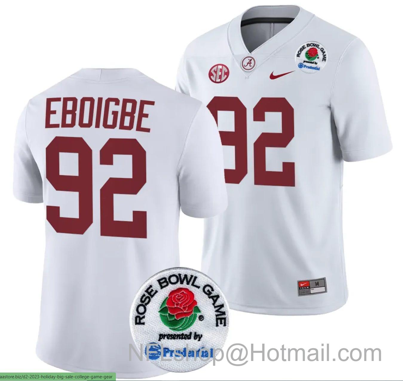 Men's Nike Justin Eboigbe Jersey #92 Alabama Crimson Tide Rose Bowl Game 2024 Patch College Football Playoff White