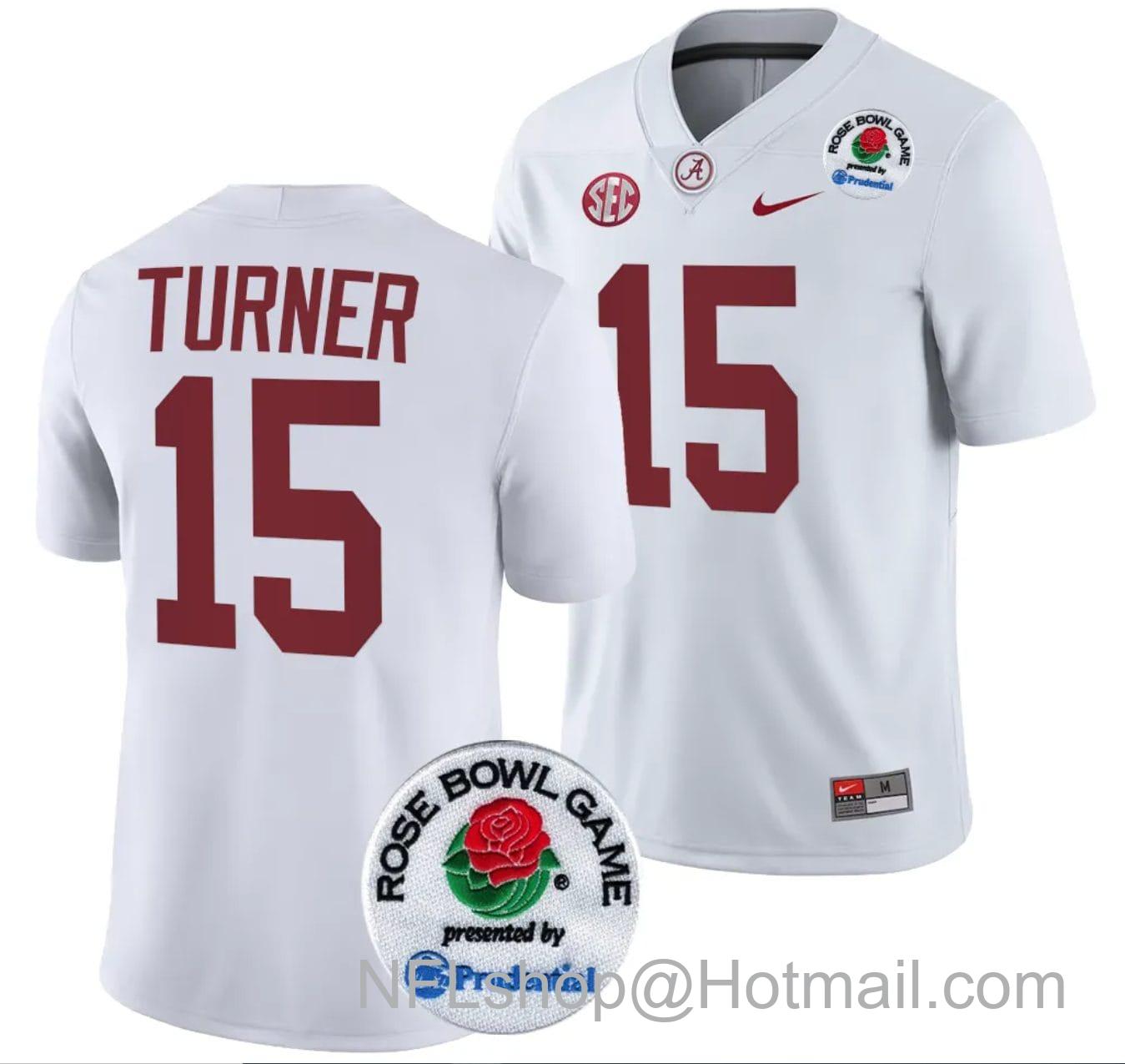 Men's Nike Dallas Turner Jersey #15 Alabama Crimson Tide Rose Bowl Game 2024 Patch College Football Playoff White