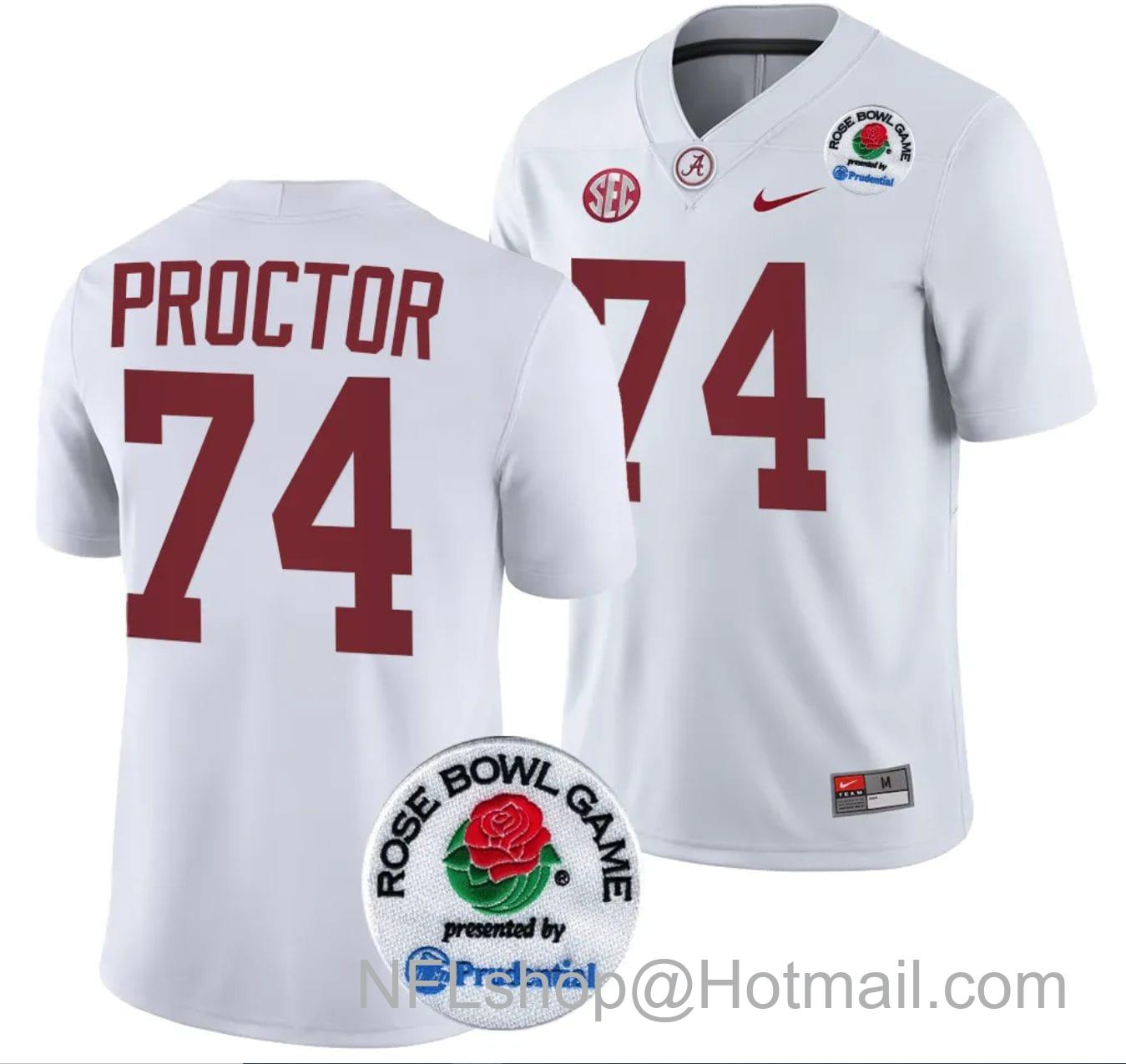 Men's Nike Kadyn Proctor Jersey #74 Alabama Crimson Tide Rose Bowl Game 2024 Patch College Football Playoff White