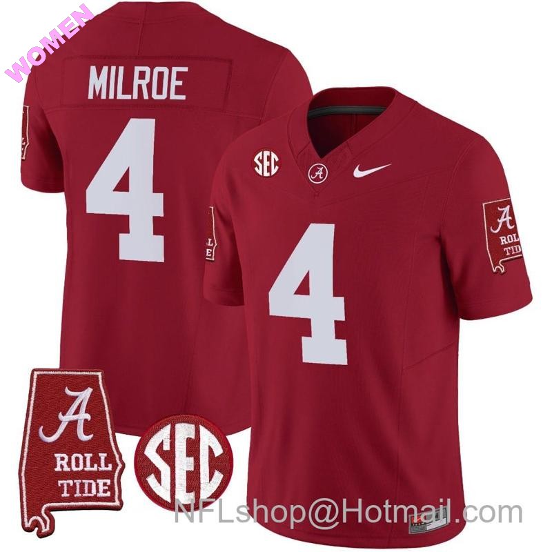 Women's Nike Jalen Milroe Jersey #4 Alabama Crimson Tide Vapor Limited Football Alabama Map Crimson