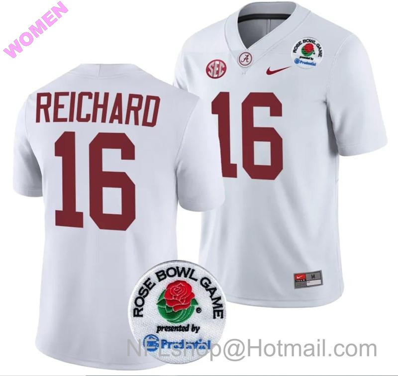 Women's Nike Will Reichard Jersey #16 Alabama Crimson Tide Rose Bowl Game 2024 Patch College Football Playoff White