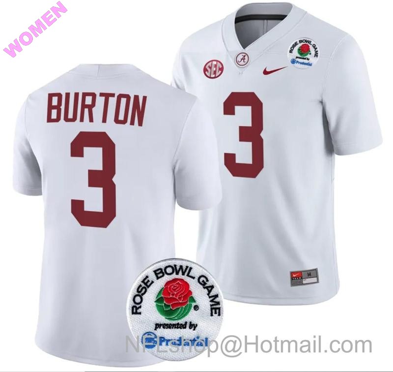 Women's Nike Jermaine Burton Jersey #3 Alabama Crimson Tide Rose Bowl Game 2024 Patch College Football Playoff White