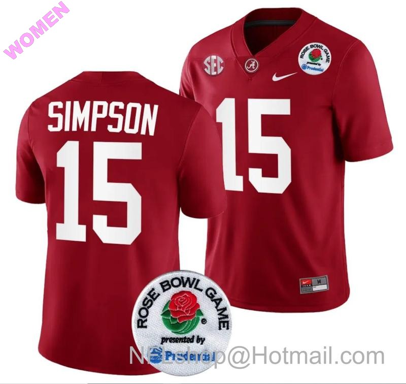 Women's Nike Ty Simpson Jersey #15 Alabama Crimson Tide Rose Bowl Game 2024 Patch College Football Playoff Crimson