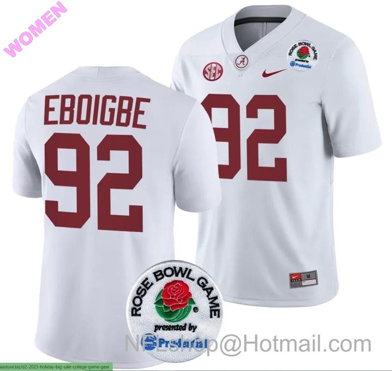 Women's Nike Justin Eboigbe Jersey #92 Alabama Crimson Tide Rose Bowl Game 2024 Patch College Football Playoff White