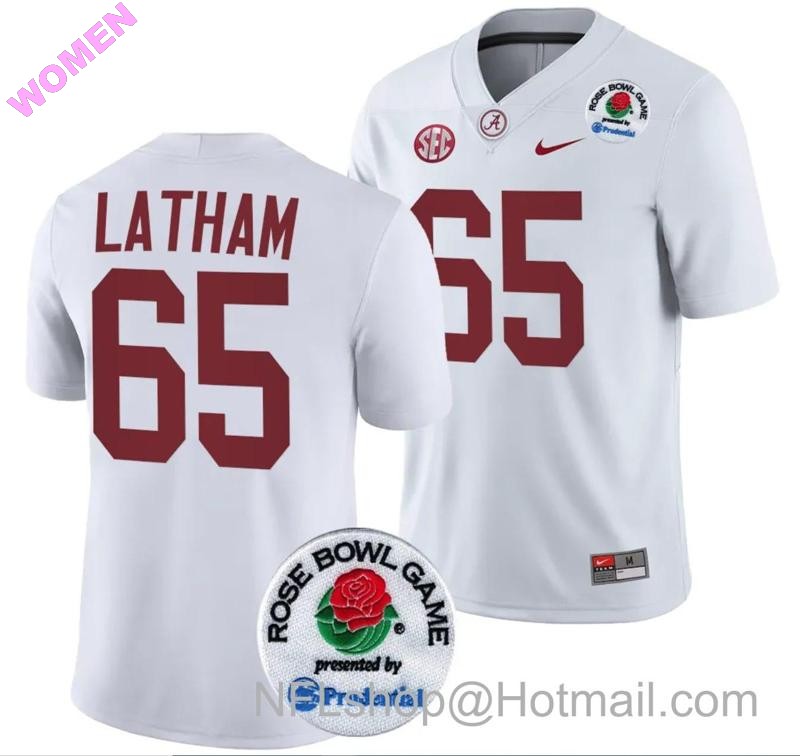 Women's Nike JC Latham Jersey #65 Alabama Crimson Tide Rose Bowl Game 2024 Patch College Football Playoff White