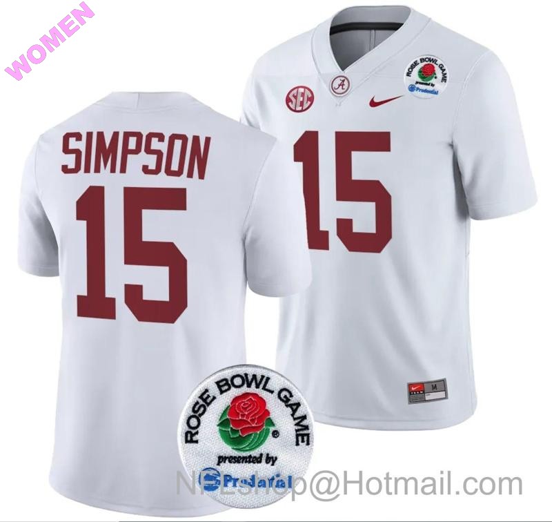 Women's Nike Ty Simpson Jersey #15 Alabama Crimson Tide Rose Bowl Game 2024 Patch College Football Playoff White