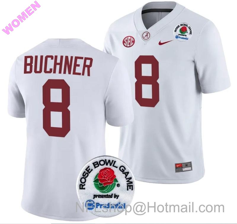 Women's Nike Tyler Buchner Jersey #8 Alabama Crimson Tide Rose Bowl Game 2024 Patch College Football Playoff White