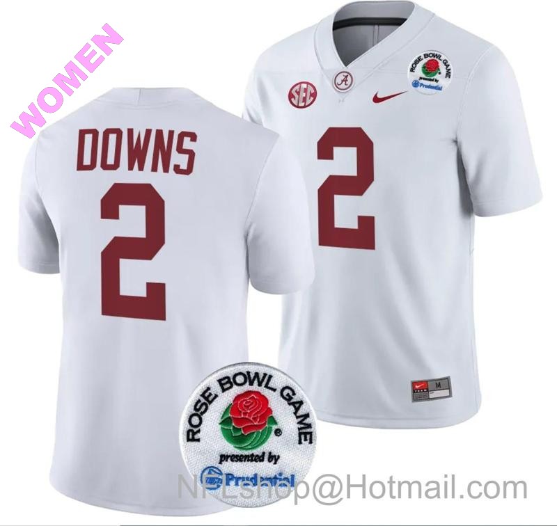 Women's Nike Caleb Downs Jersey #2 Alabama Crimson Tide Rose Bowl Game 2024 Patch College Football Playoff White