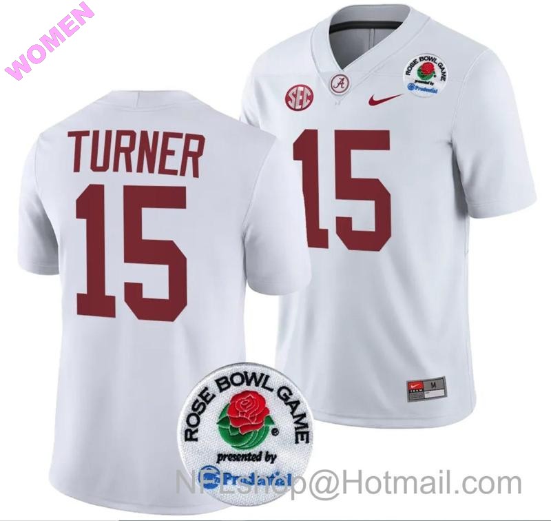 Women's Nike Dallas Turner Jersey #15 Alabama Crimson Tide Rose Bowl Game 2024 Patch College Football Playoff White