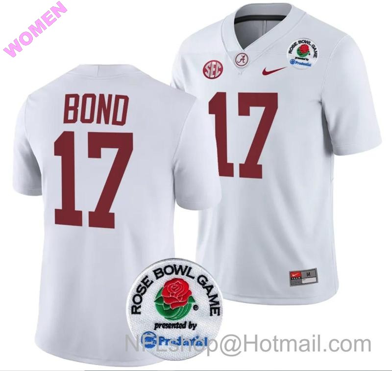 Women's Nike Isaiah Bond Jersey #17 Alabama Crimson Tide Rose Bowl Game 2024 Patch College Football Playoff White