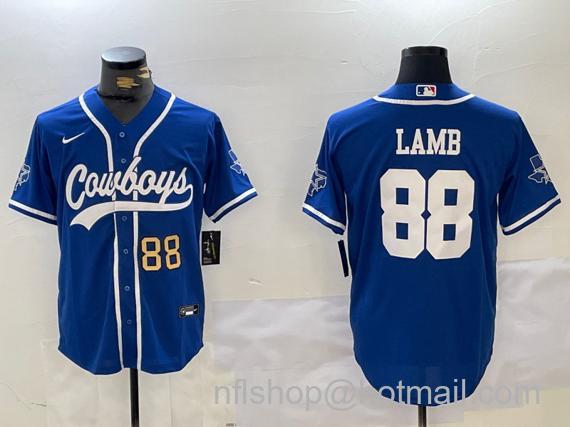 Men's Dallas Cowboys #88 CeeDee Lamb Royal Number With Patch Cool Base Stitched Baseball Jersey