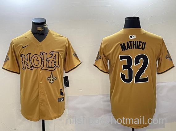 Men's New Orleans Saints #32 Tyrann Mathieu Yellow Team Patch Cool Base Stitched Baseball Jersey