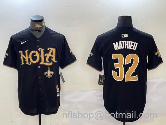 Men's New Orleans Saints #32 Tyrann Mathieu Black Team Patch Cool Base Stitched Baseball Jersey