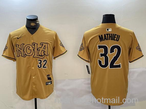 Men's New Orleans Saints #32 Tyrann Mathieu Yellow Number Cool Base Stitched Baseball Jerseys