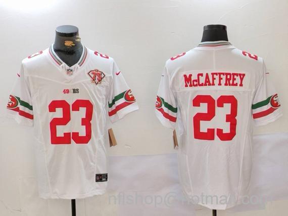 Men's San Francisco 49ers #23 Christian McCaffrey White Gold With 75th Patch Vapor Limited Stitched Football Jerseys