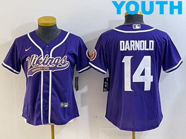 Youth Minnesota Vikings #14 Sam Darnold Purple With Patch Cool Base Stitched Baseball Jersey