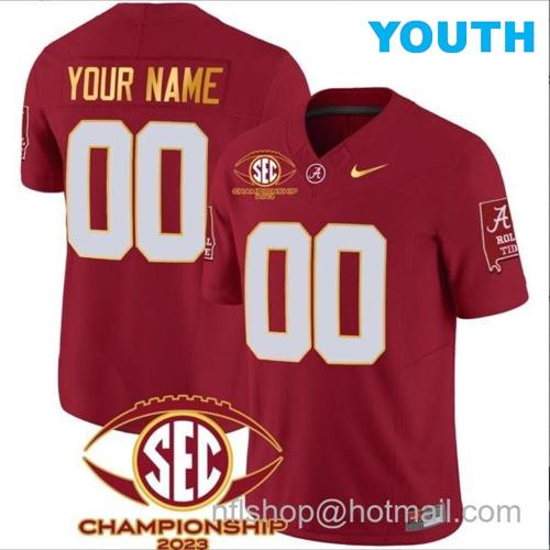 Youth Nike Custom Alabama Crimson Tide Jersey Name and Number SEC Championship 2023 Patch Gold Football Crimson