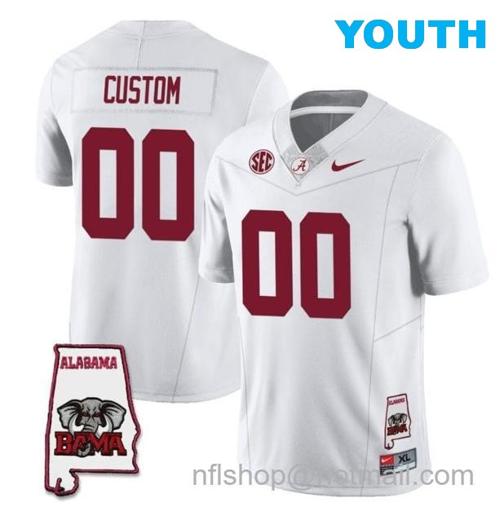 Youth Nike Custom Alabama Crimson Tide Jersey Name and Number Football College SEC Map Patch White All Stitched