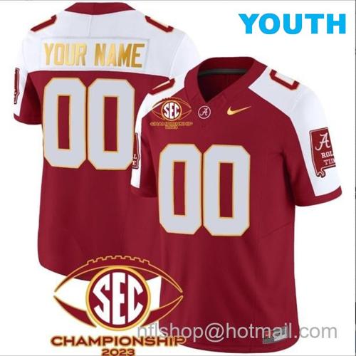 Youth Nike Custom Alabama Crimson Tide Jersey Name and Number SEC Championship 2023 Patch Gold Crimson Alternate