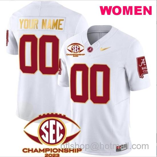 Women's Nike Custom Alabama Crimson Tide Jersey Name and Number SEC Championship 2023 Patch Gold Football White