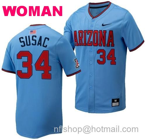 Women's Anthony Susac Jersey #34 Arizona Wildcats Replica Baseball Full-Button Light Blue10